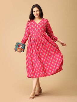 The Mom Store - Red and Yellow Printed Maternity and Nursing Dress