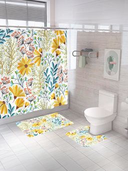 Savya Home - Floral Curtain & Bathmats - White (Set of 3)