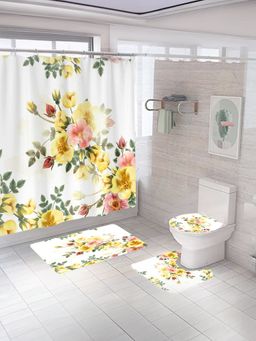Savya Home - Floral Curtain & Bathmats - White (Set of 3)
