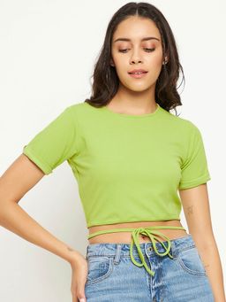 Uptownie - Stretchable Polyester Round Neck Tie Up Crop Top - Green