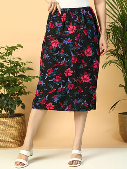 Oxolloxo - Black Floral Print Elasticated Midi Women Satin Skirt