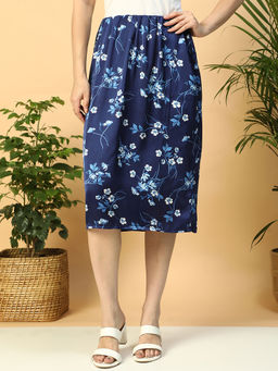 Oxolloxo - Navy Blue Floral Print Elasticated Midi Women Satin Skirt