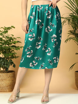 Oxolloxo - Slaying Green Floral Print Elasticated Midi Women Satin Skirt