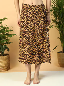 Oxolloxo - Drippy Brown Animal Print Elasticated Women Beachwear Satin Skirt