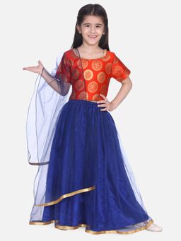 BownBee - Jacquard Top with Net Lehenga - Orange (Set of 3)