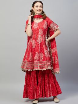 Aaheli - Aanadhi Red Block Printed Flared Kurta-Sharara and Dupatta (Set of 3)