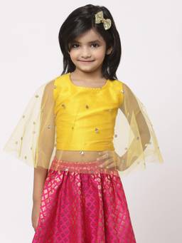 Studio Rasa - Girls Yellow Net Round Neck Top