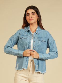 Twenty Dresses by Nykaa Fashion - Blue Ripped Hem Full Sleeves Denim Shirt