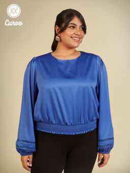 Twenty Dresses by Nykaa Fashion - Curve Cobalt Blue Solid Round Neck Blouson Top