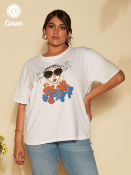 Twenty Dresses by Nykaa Fashion - Curve White Drop Sleeves Round Neck Slogan Tshirt