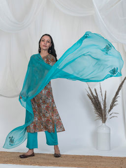 Akiso - Blue Dupatta with Mughal Butta Embroidery