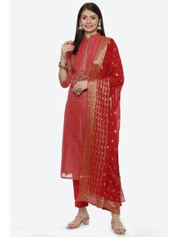 Biba - Red Silk Unstitched Suit (Set of 3)