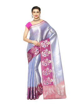 Banarasi Silk Works - Blue Zari Kanchi Silk Tanchoi Meena Saree with Unstitched Blouse