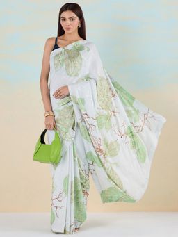 Navyasa By Liva - Smudged Florals Green Saree with Unstitched Blouse