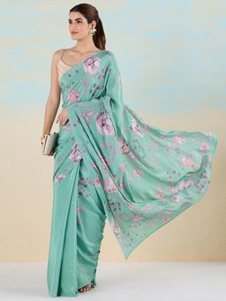Navyasa By Liva - Mandarin Blooms Green Saree with Unstitched Blouse