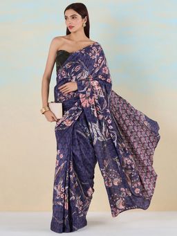 Navyasa By Liva - Oriental Fantasy Navy Blue Saree with Unstitched Blouse