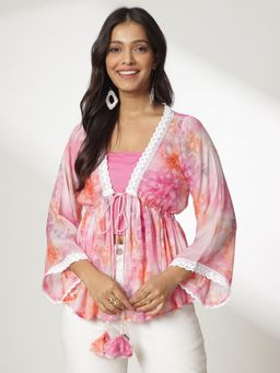 Navyasa By Liva - Pink Chiffon Floral Printed Crop Top with Shrug (Set of 2)