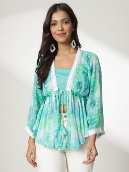 Navyasa By Liva - Green Chiffon Floral Printed Crop Top with Shrug (Set of 2)