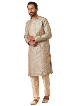 Manyavar - Grey Brocade Printed Kurta with Pencil Pyjama (Set of 2)