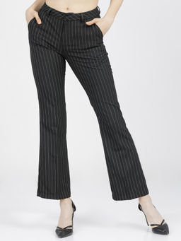 TOKYO TALKIES - Black Striped Straight Fit Bootcut Casual Trouser