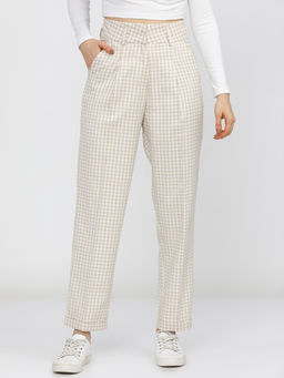 TOKYO TALKIES - Women Beige Striped Straight Fit Casual Trouser