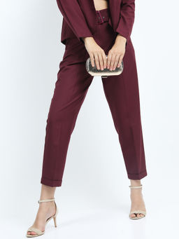 TOKYO TALKIES - Burgundy Tapered Fit High-Rise Casual Trouser