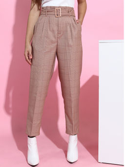TOKYO TALKIES - Brown Checked Casual Trouser with Belt