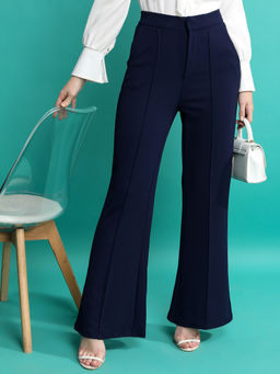 TOKYO TALKIES - Women Navy Blue Flared Bootcut Casual Trouser