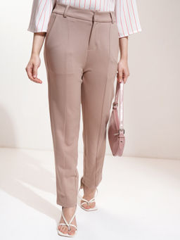 TOKYO TALKIES - Women Knitted Taupe Solid Hi-Waist Cigarette Formal Trouser