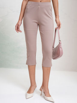 TOKYO TALKIES - Women Taupe Solid Stretchy Capri Pant with Slits
