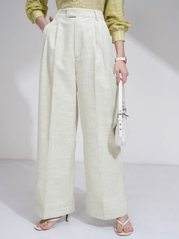 TOKYO TALKIES - Women Solid Wide Leg Tailor Green Formal Trouser