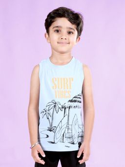 KiddoPanti - Boys Cotton Front Panel Printed Round Neck Blue T-Shirt