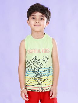 KiddoPanti - Boys Cotton Front Panel Printed Round Neck Green T-Shirt