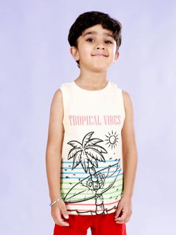 KiddoPanti - Boys Cotton Front Panel Printed Round Neck Cream T-Shirt