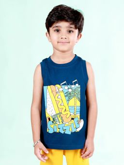 KiddoPanti - Boys Cotton Front Panel Printed Round Neck Blue T-Shirt