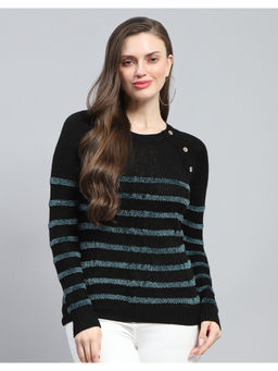 Monte Carlo - Womens Black Striped Round Neck Full Sleeve Sweater