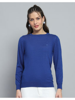 Monte Carlo - Womens Blue Solid Crew Neck Full Sleeve Sweater