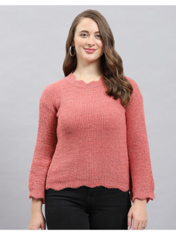 Monte Carlo - Womens Pink Woven Round Neck Wool Blend Sweater
