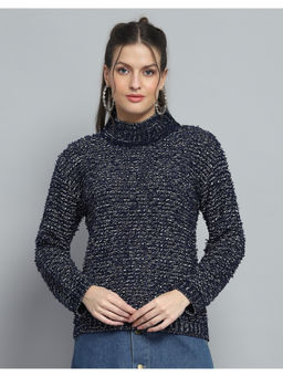 Monte Carlo - Womens Navy Blue Textured High Neck Full Sleeve Sweater