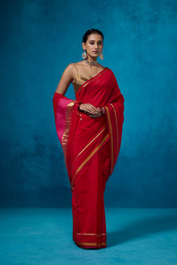 Dressfolk - Handloom Chanderi Red With Mustard Zari Saree with Unstitched Blouse