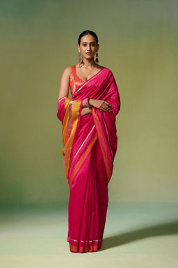Dressfolk - Handloom Chanderi Vibrant Pink With Zari Saree with Unstitched Blouse