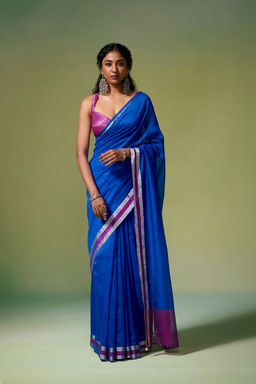 Dressfolk - Handloom Chanderi Royal Blue Magenta Pink Silver Zari Saree with Unstitched Blouse