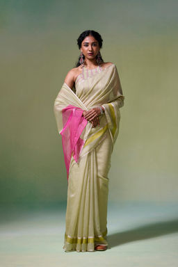 Dressfolk - Handloom Chanderi Cream With Silver Zari Saree with Unstitched Blouse