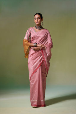 Dressfolk - Handloom Chanderi Rose Pink With Silver Zari Border Saree with Unstitched Blouse