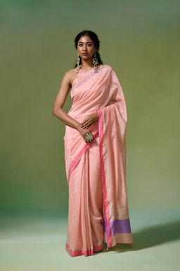 Dressfolk - Handloom Chanderi Peach Base With Silver Zari Work Saree with Unstitched Blouse