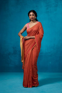 Dressfolk - Handloom Chanderi Rust Orange With Gold Zari Saree with Unstitched Blouse