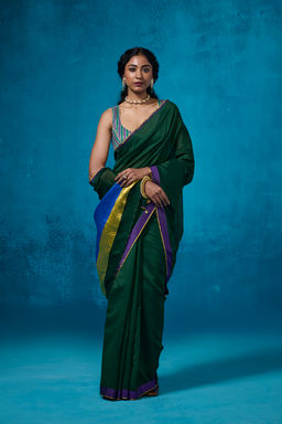 Dressfolk - Handloom Chanderi Dark Green With Gold Zari Work Saree with Unstitched Blouse