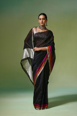 Dressfolk - Handloom Chanderi Black With Silver Zari Saree with Unstitched Blouse