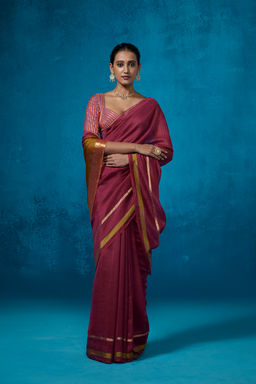 Dressfolk - Handloom Chanderi Magenta With Green Satin Border Saree with Unstitched Blouse
