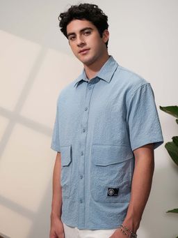 LOCOMOTIVE - Men Blue Textured Oversized Shirt